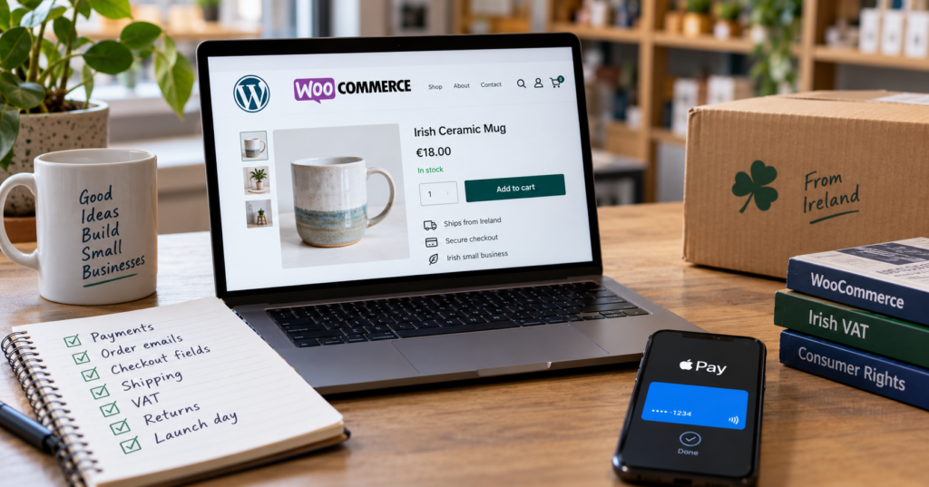 WooCommerce online shop on a laptop with a pre-launch checklist covering payments, shipping, VAT and order emails.