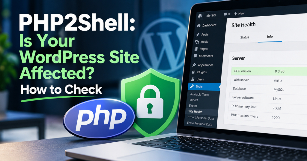 Illustration of WordPress Site Health showing the PHP version, with a security shield and PHP2Shell warning.