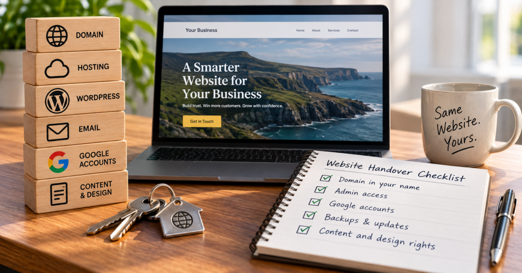 Website handover checklist showing domain, hosting, WordPress, email, Google accounts and website ownership