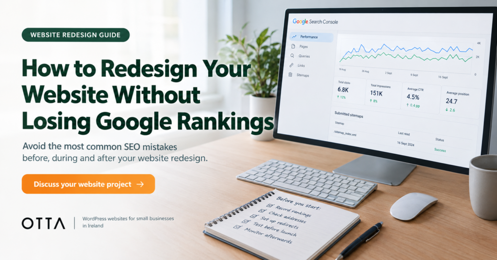 Illustration of a website redesign planning process, showing old and new URLs, Google search results and a checklist.