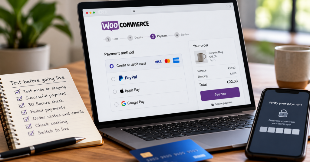 WooCommerce payment testing illustration showing checkout options, a pre-launch checklist and payment verification on a smartphone.