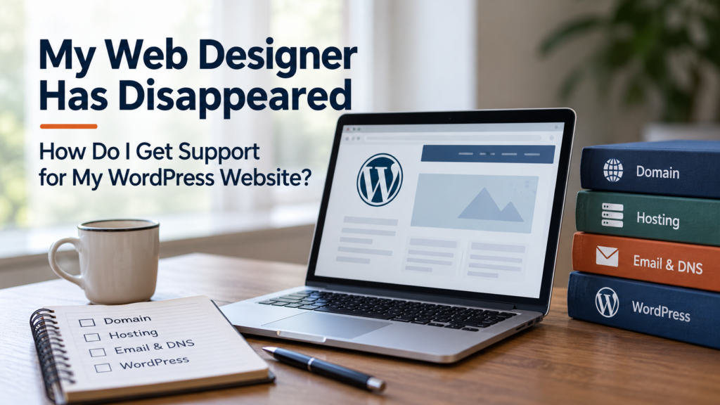 Laptop displaying a WordPress website beside a checklist for domain, hosting, email and DNS access.